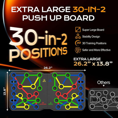 Extra large 30-in-2 push-up board with features and dimensions on a dark background