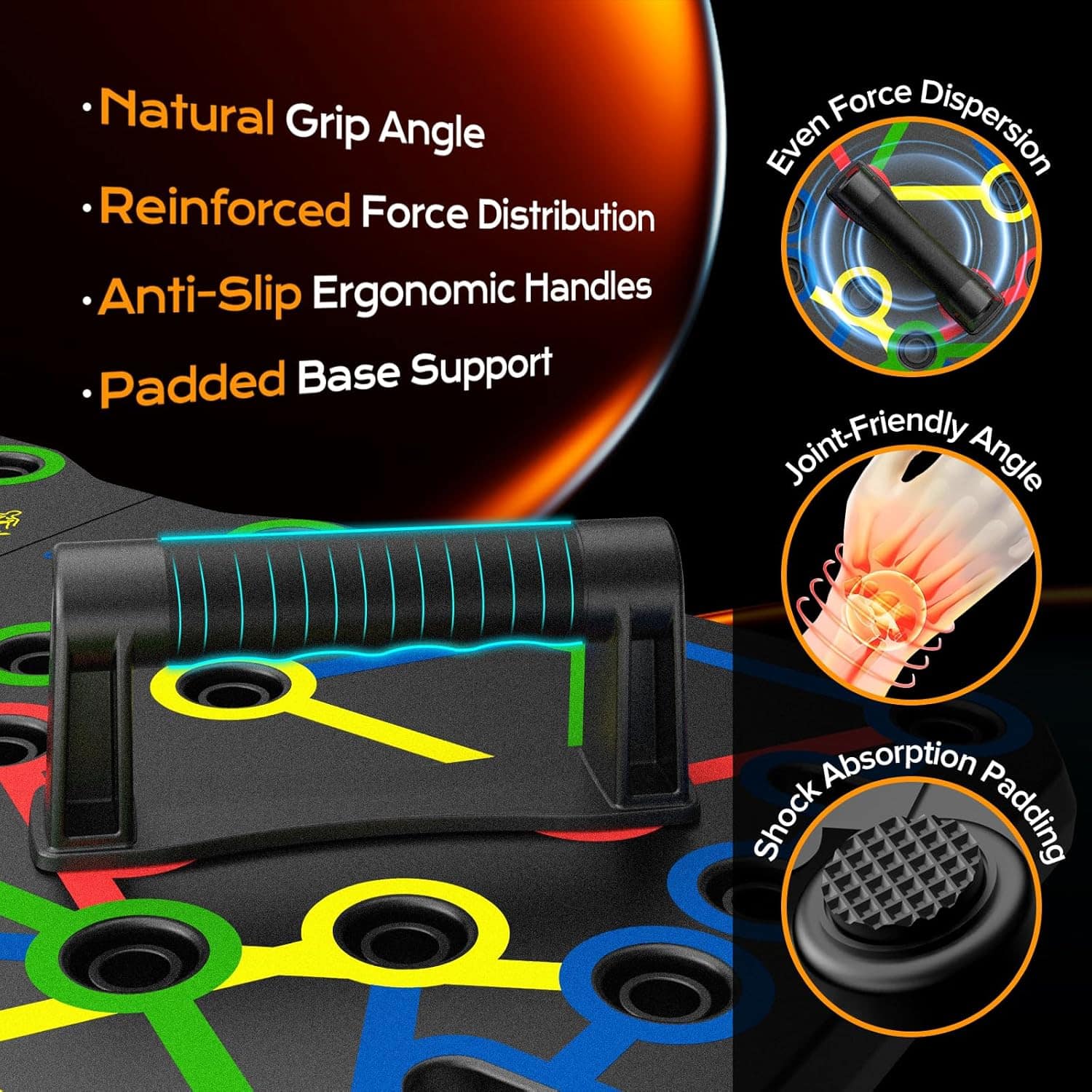 Gym tool with features highlighted on a dark background