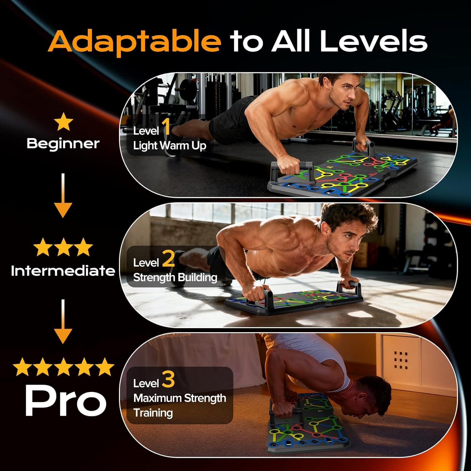 Fitness progression levels with a man using a push-up mat.