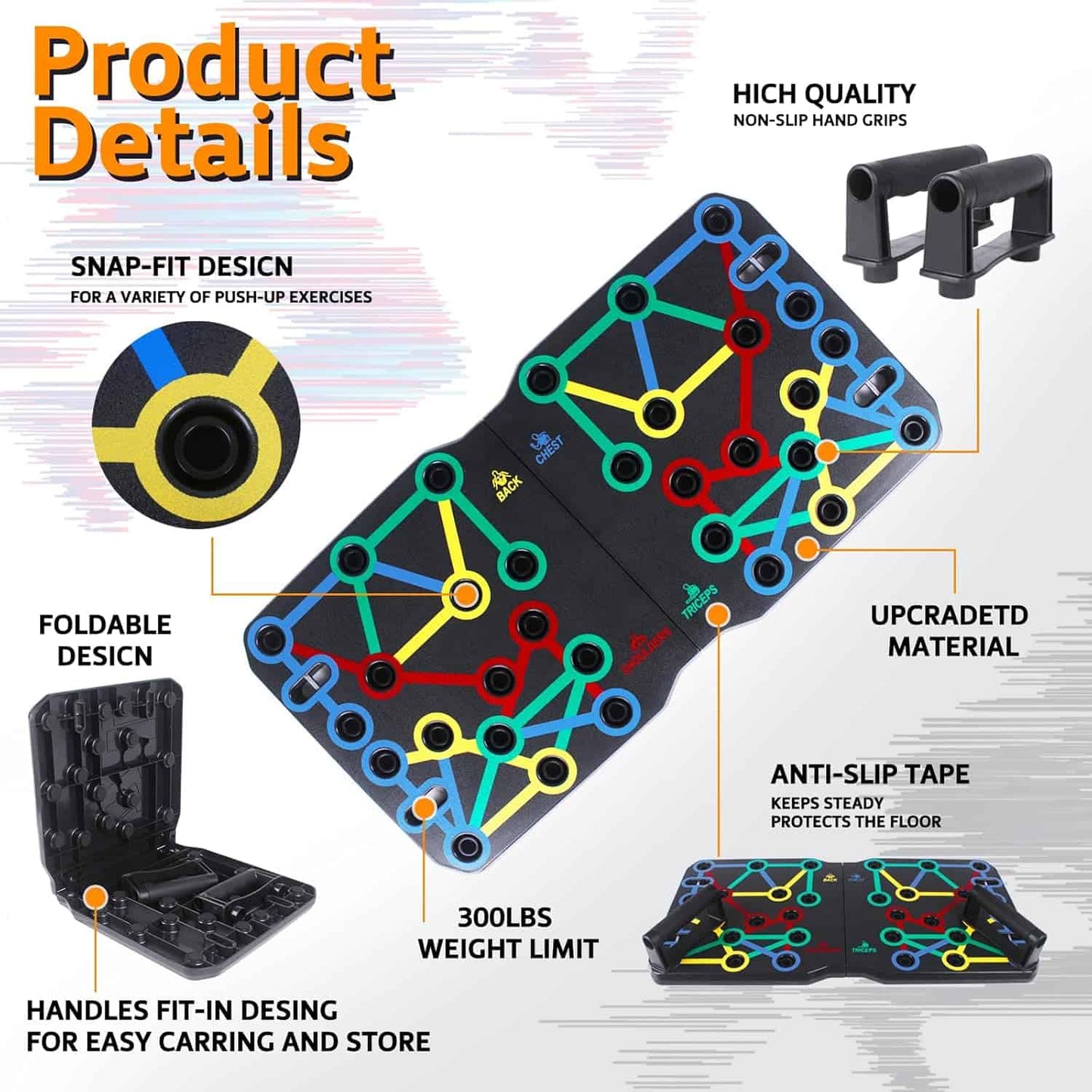 Product details of a colorful push-up stand with features highlighted on a white background.