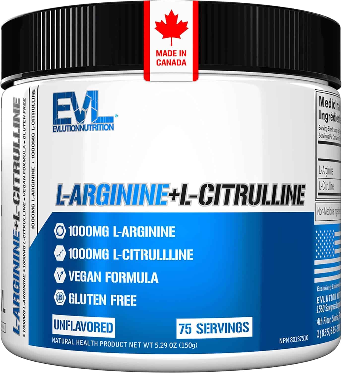 Vegan L-Arginine + L-Citrulline supplement container with EVL Nutrition branding.
