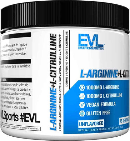 EVL L-Arginine + L-Citrulline supplement container with black, white, and blue design.