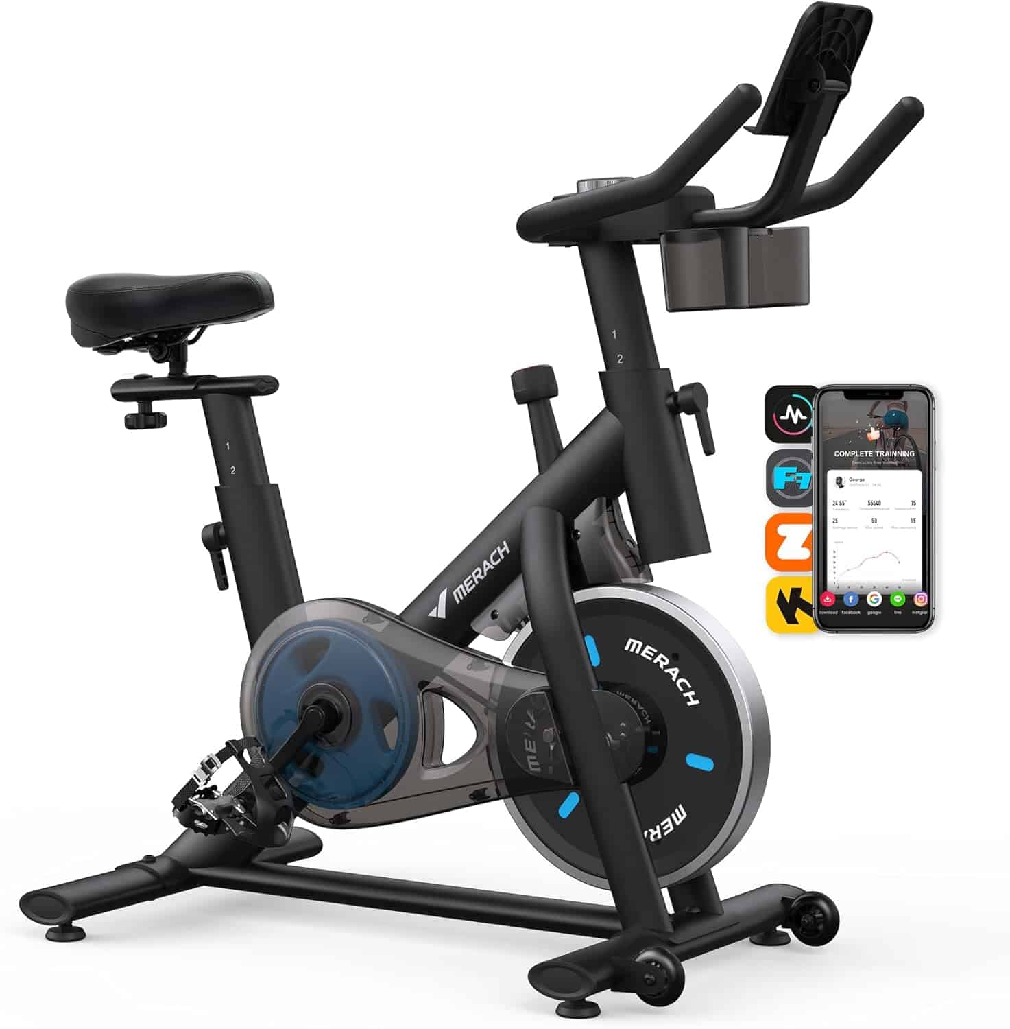 Black exercise bike with smartphone app interface on a white background
