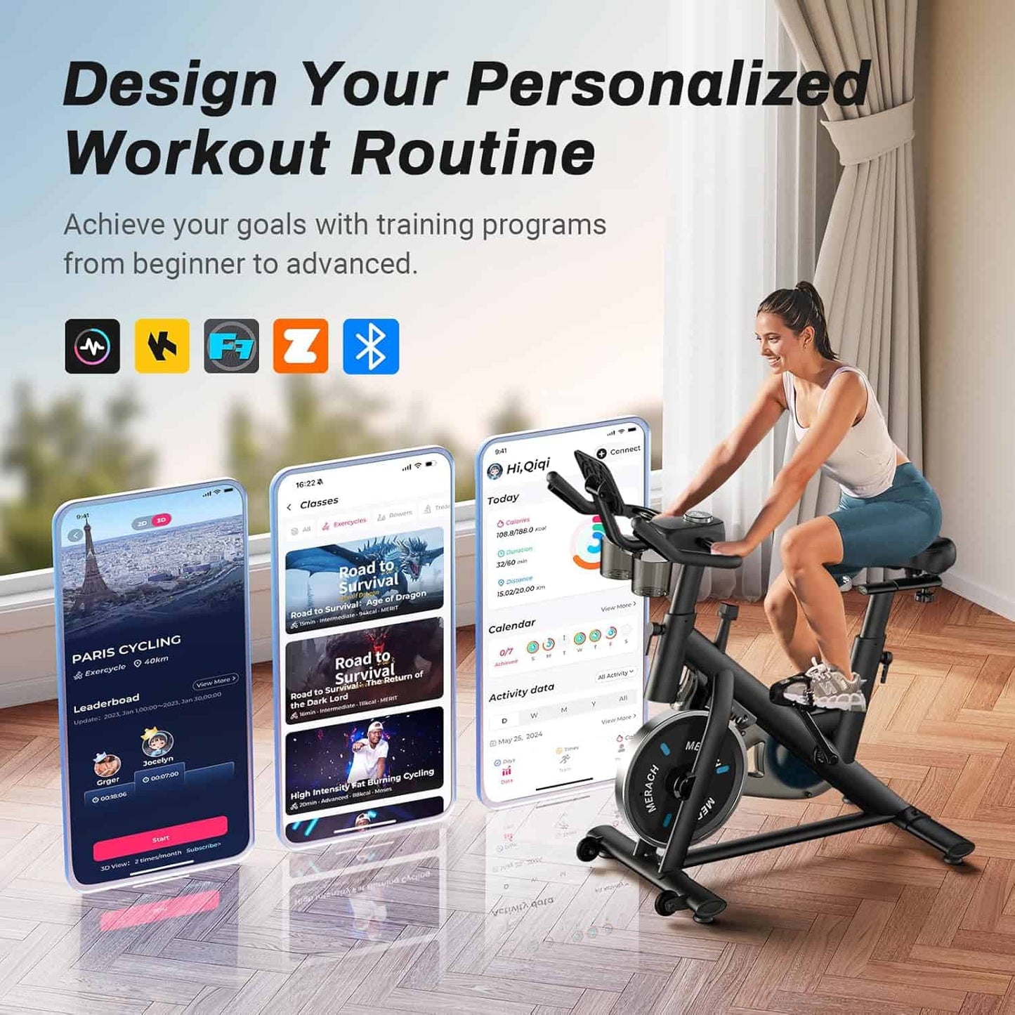Woman using a stationary bike with smartphone screens displaying workout apps, promoting personalized workout routines.