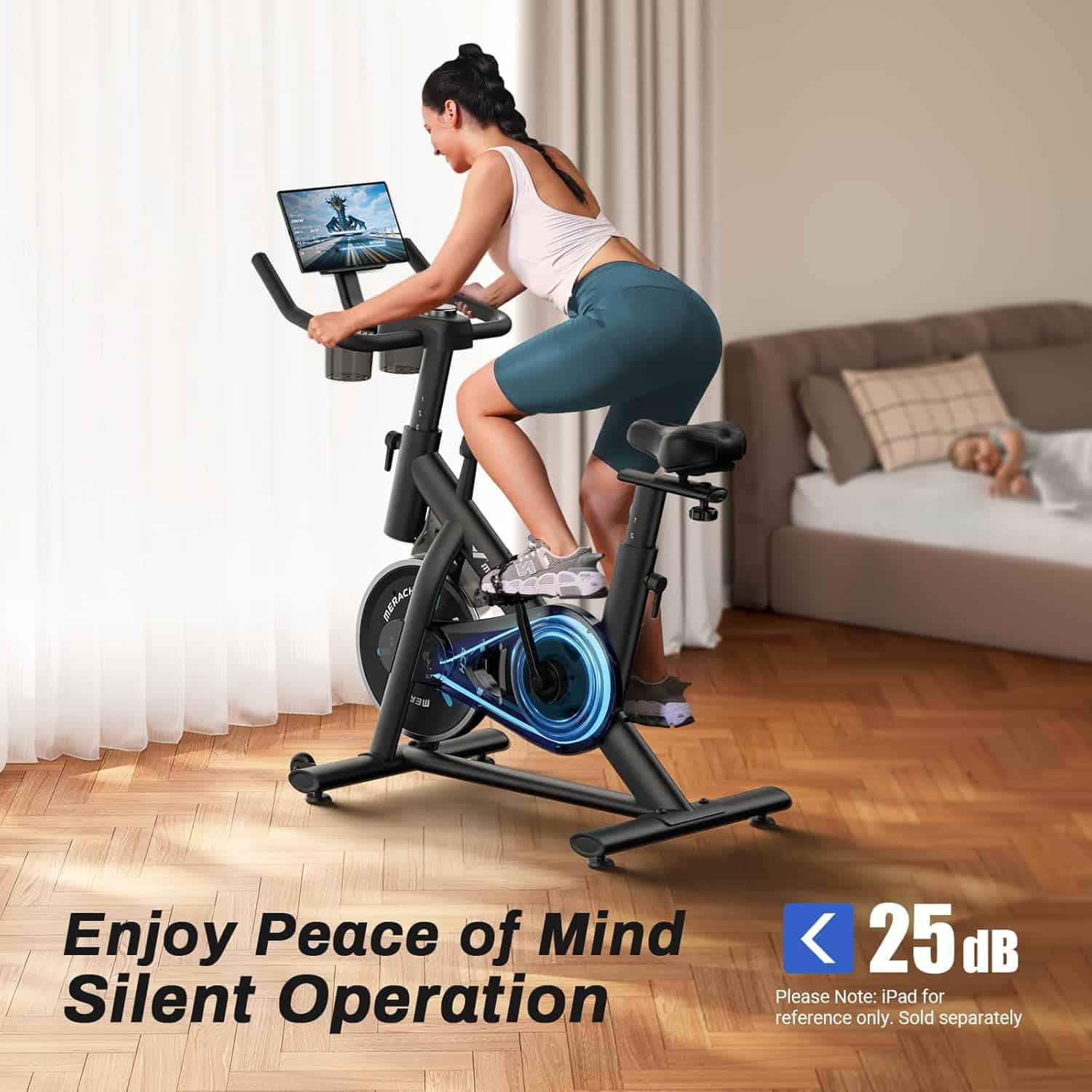 Woman exercising on a stationary bike in a living room with text about silent operation.