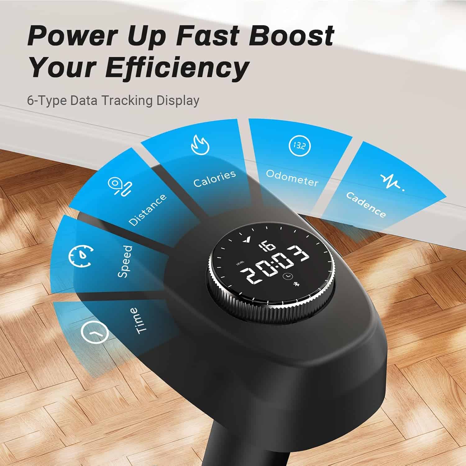 Black fitness tracker with digital display on a wooden floor, featuring text about efficiency and data tracking.