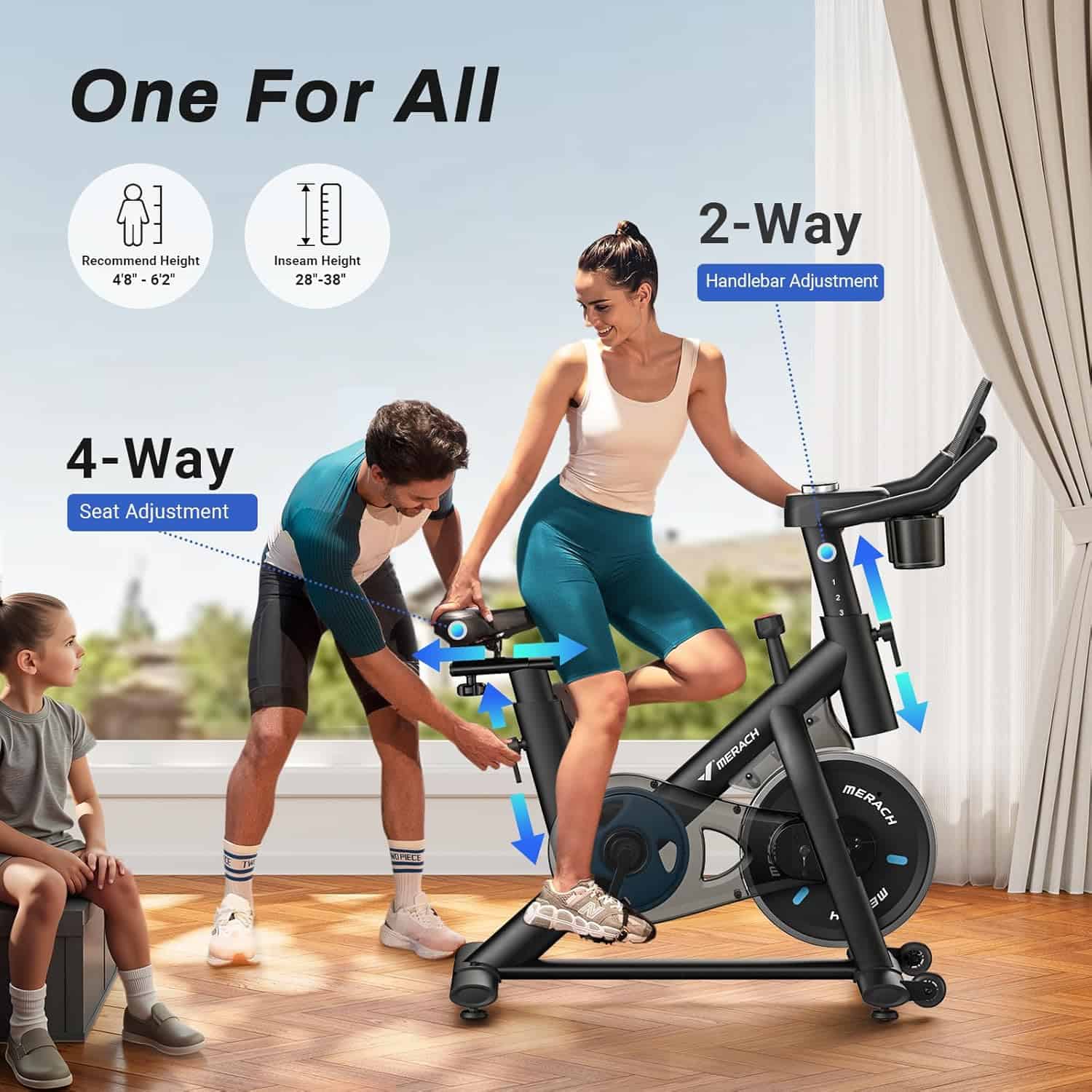 Family using a stationary bike with adjustable features in a home setting