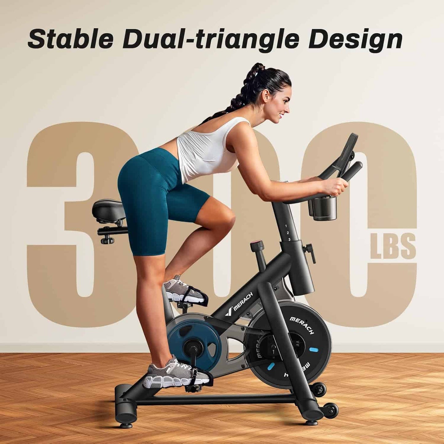 Woman exercising on a stationary bike with 'Stable Dual-triangle Design' and '300 lbs' text in the background.