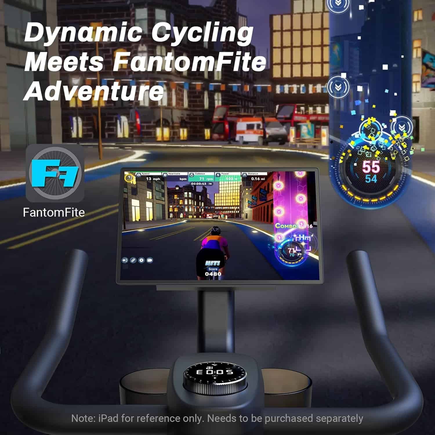 In-viewport cycling simulator with FantomFite app interface on a tablet, set against a cityscape background.