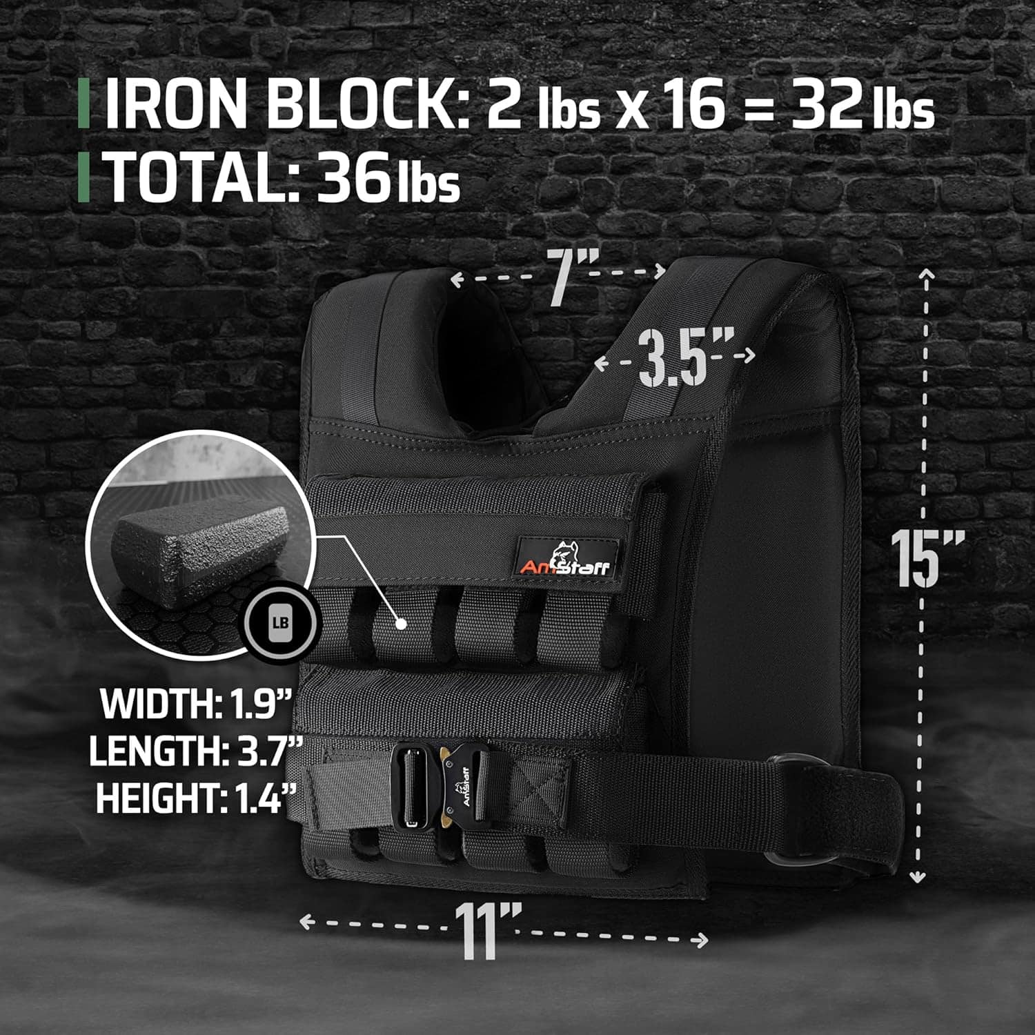 Black weight vest with measurements and iron block details on a dark brick wall background