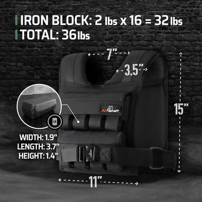 Black weight vest with measurements and iron block details on a dark brick wall background