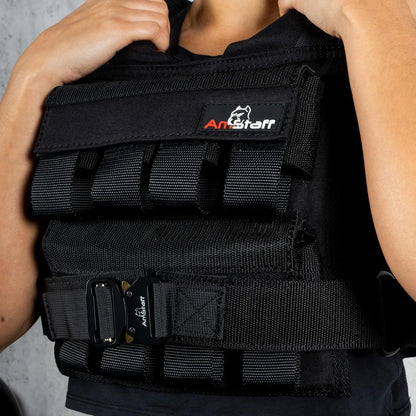 Black weight vest with 'AmStaff' branding on a neutral background