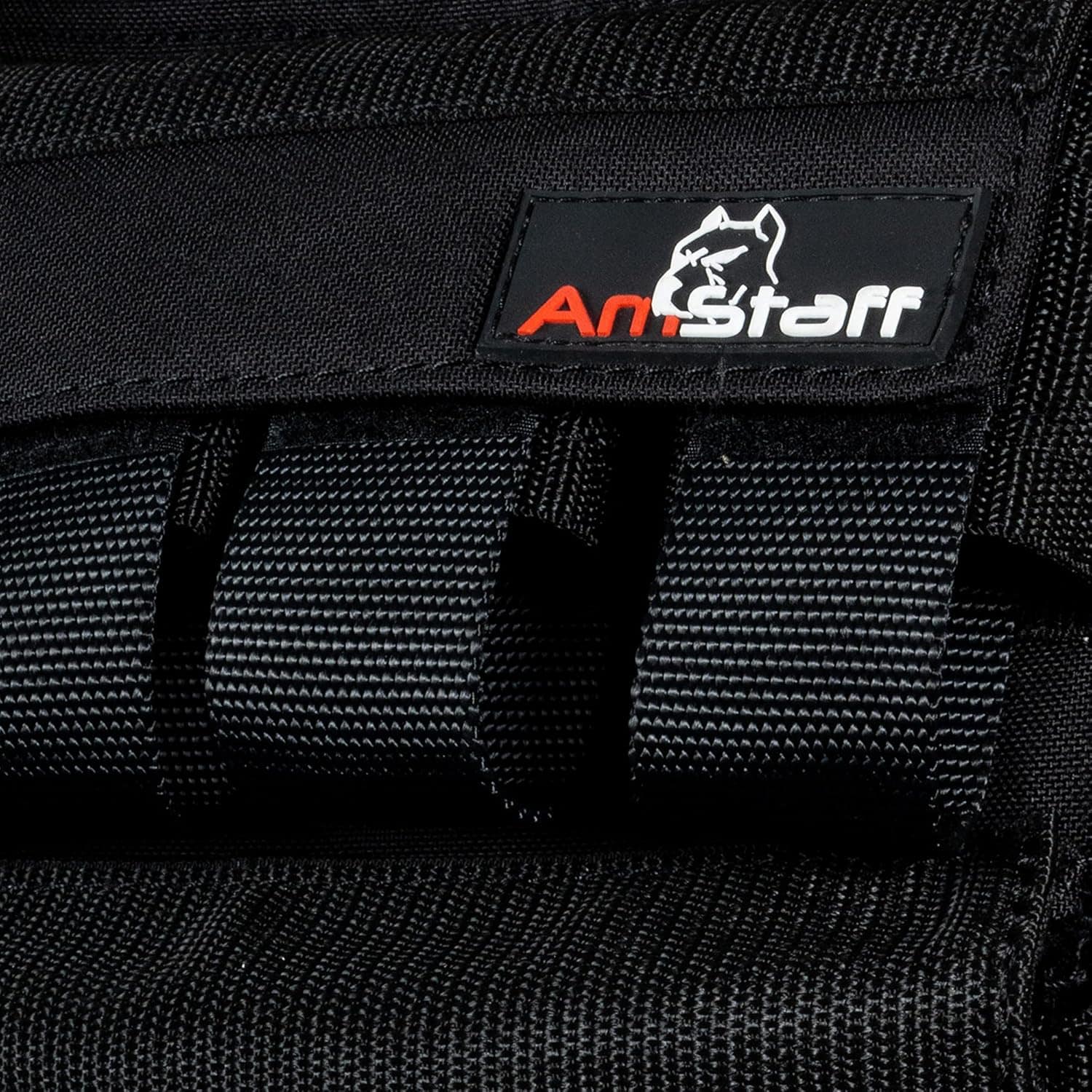 Amstaff logo on a black dog harness