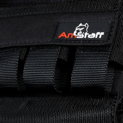 Amstaff logo on a black dog harness