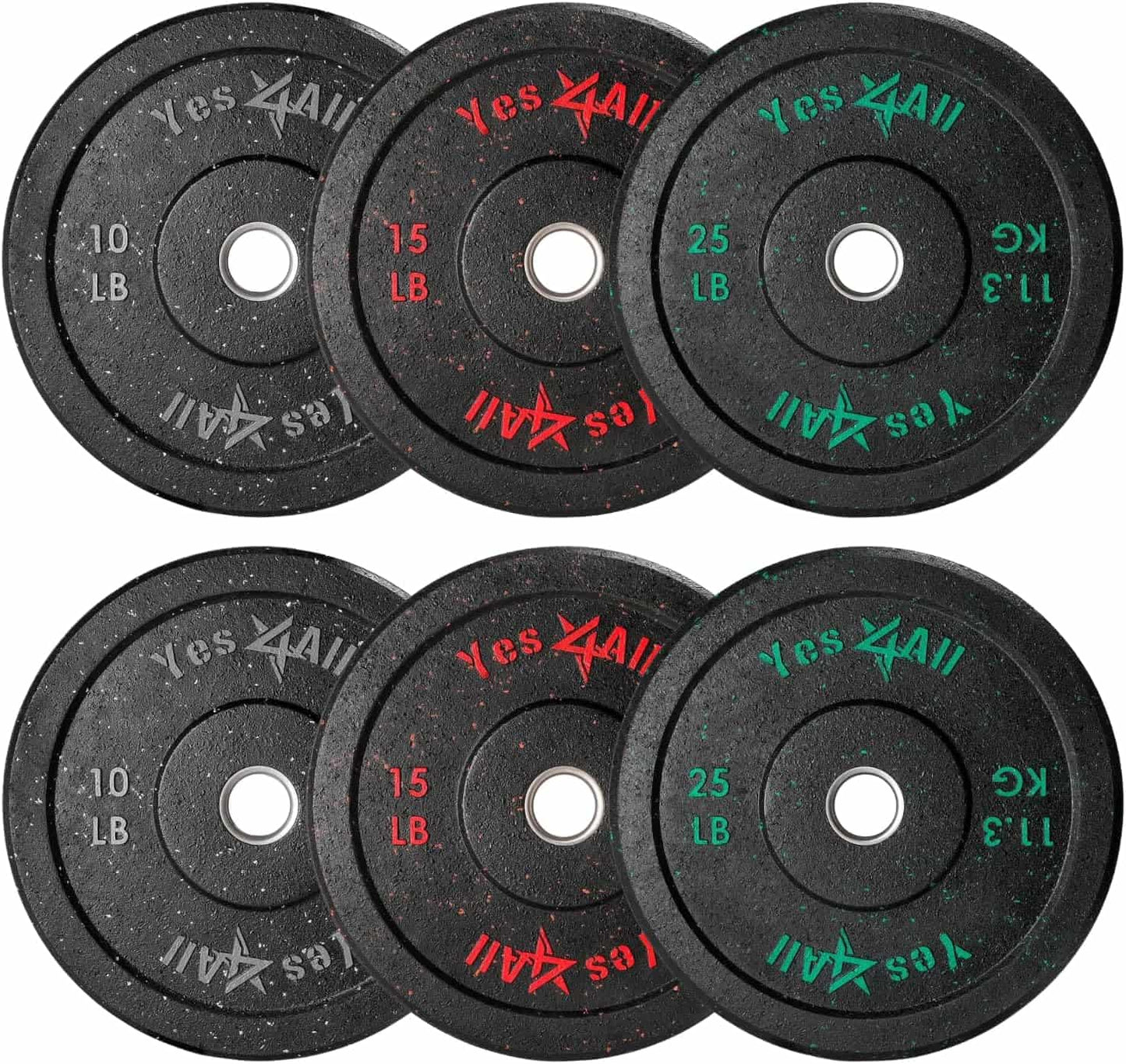 Set of weight plates with 'Yes4All' branding on a white background