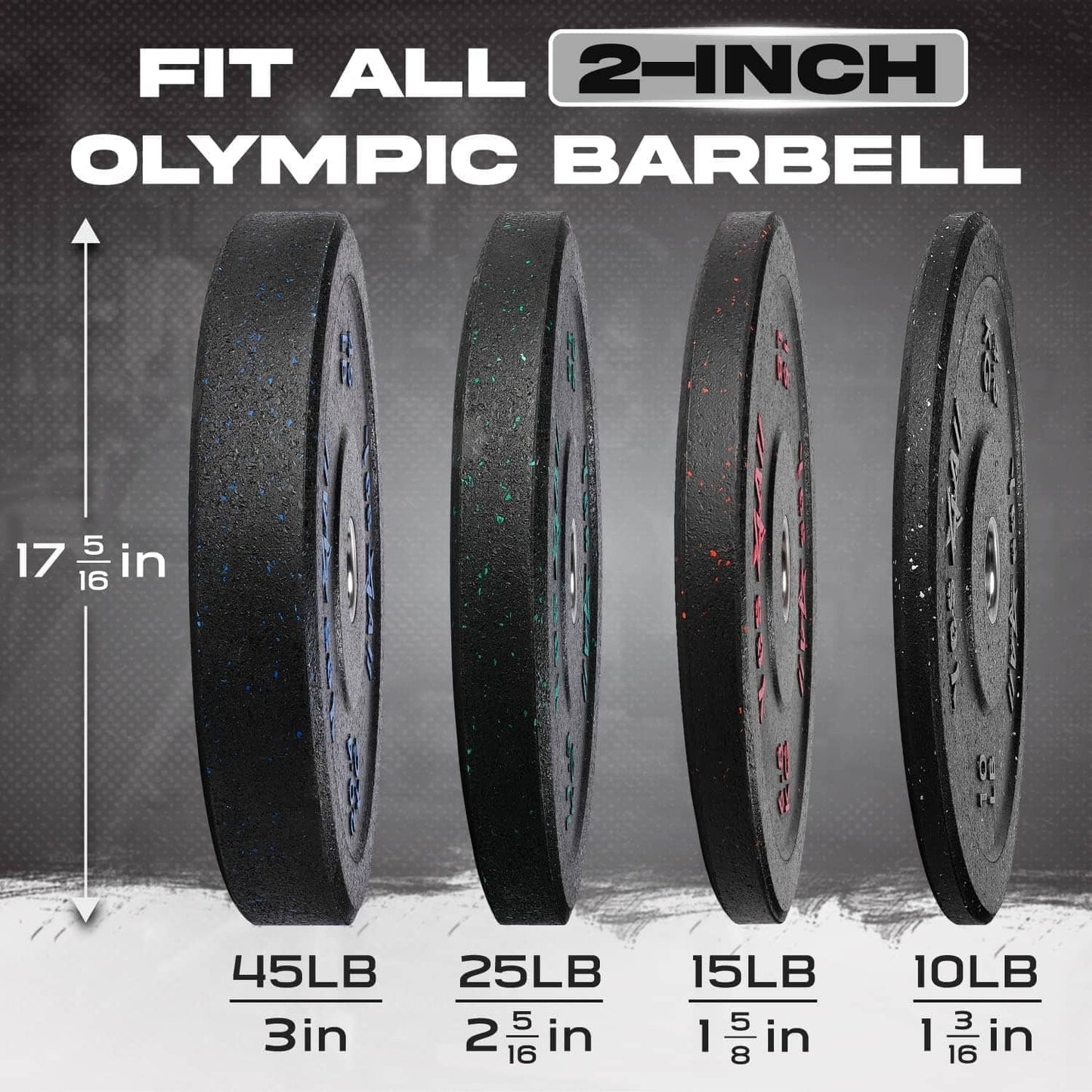 Set of Olympic barbell weights with measurements on a gray background