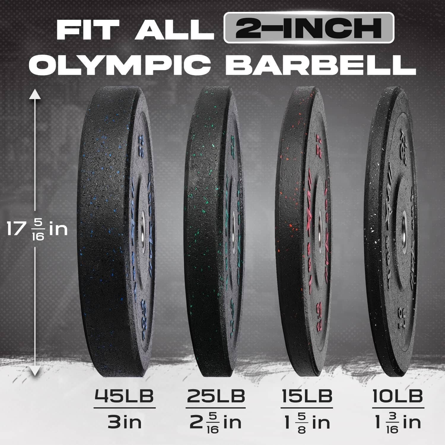 Set of Olympic barbell weights with measurements on a gray background