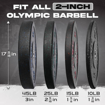Set of Olympic barbell weights with measurements on a gray background