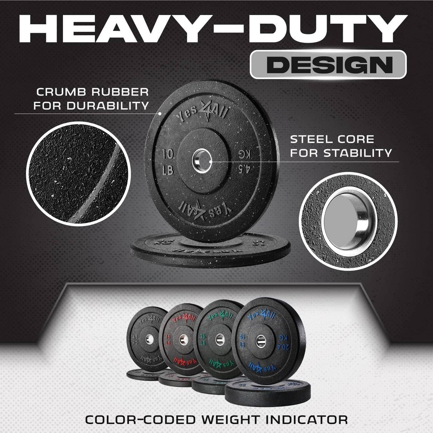 Weight plates with crumb rubber and steel core on a black background