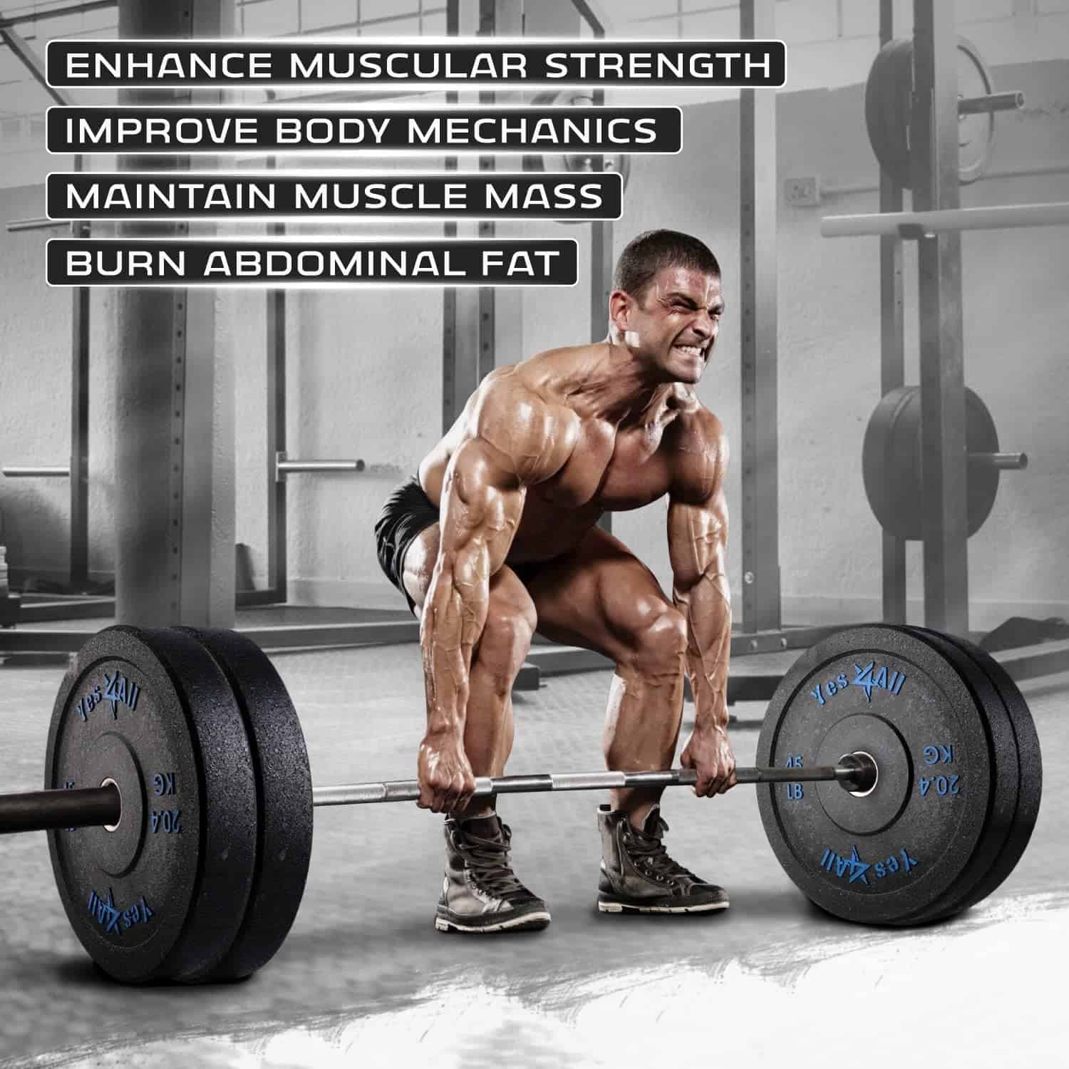 Muscular man lifting a barbell with gym equipment in the background