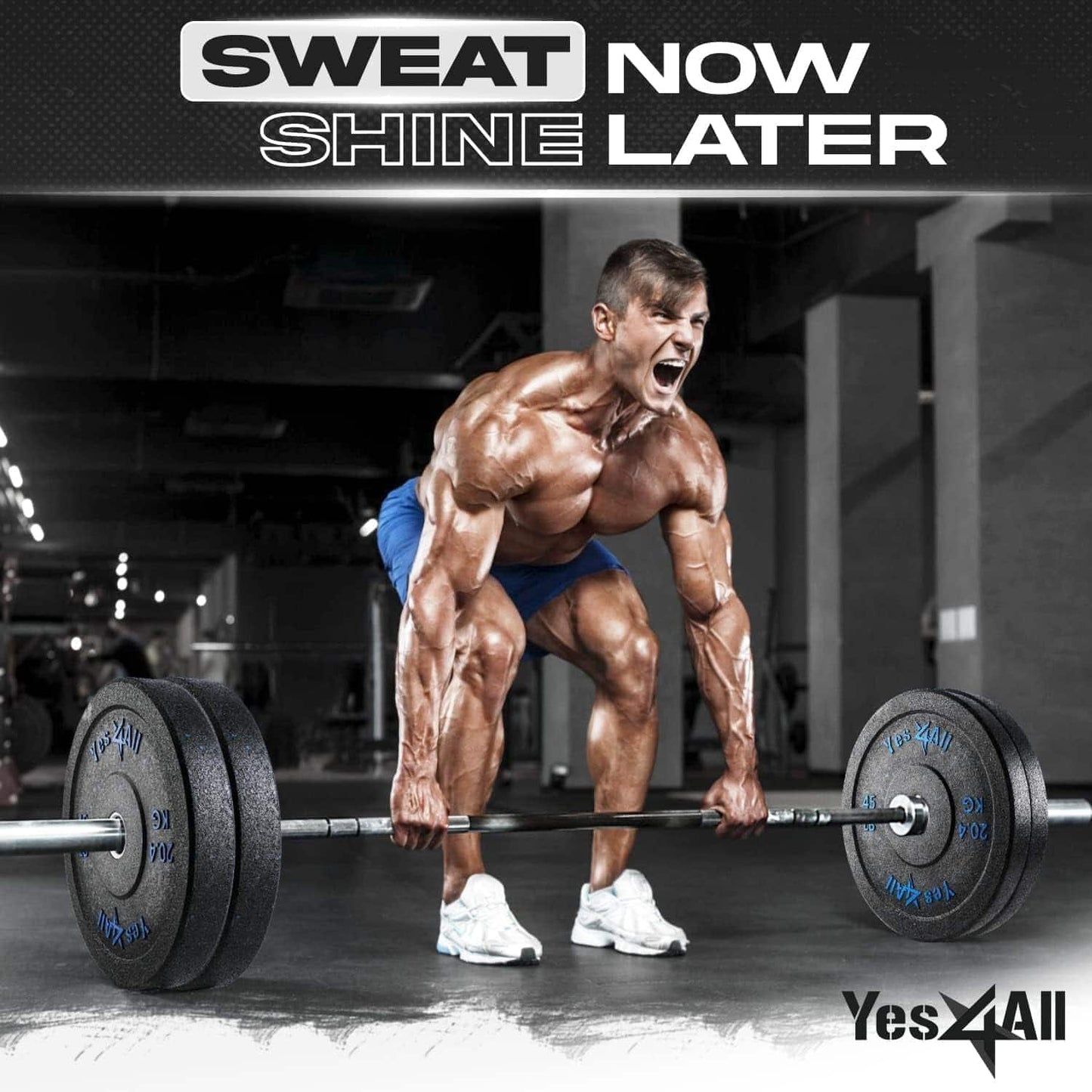 Muscular man lifting weights with 'Sweat Now, Shine Later' and 'Yes4All' text in a gym setting.