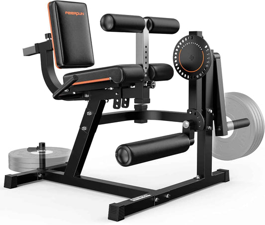 Black weight lifting bench with weights on a white background