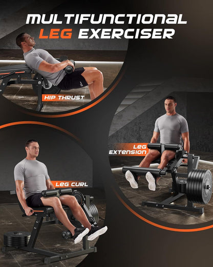 Multifunctional leg exerciser with a person using it for hip thrust, leg extension, and leg curl exercises.