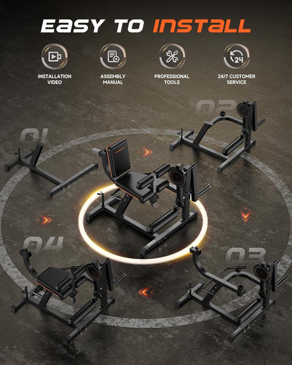 Gym equipment set with text indicating ease of installation on a dark background