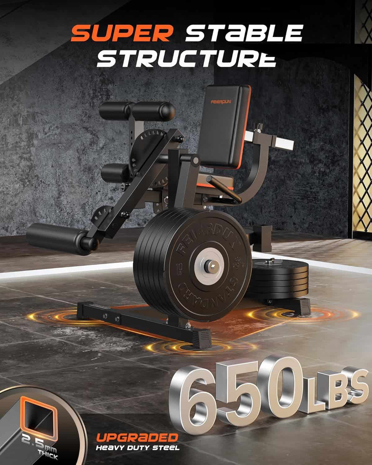 Gym machine with weight plates and 'Super Stable Structure' text on a dark background