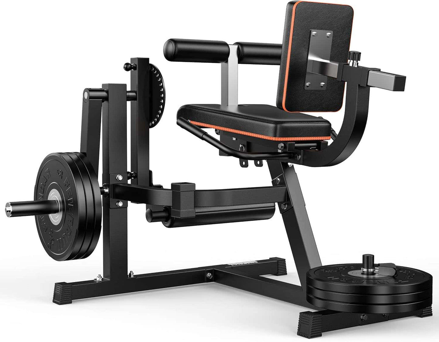 Black and orange weight bench on a white background