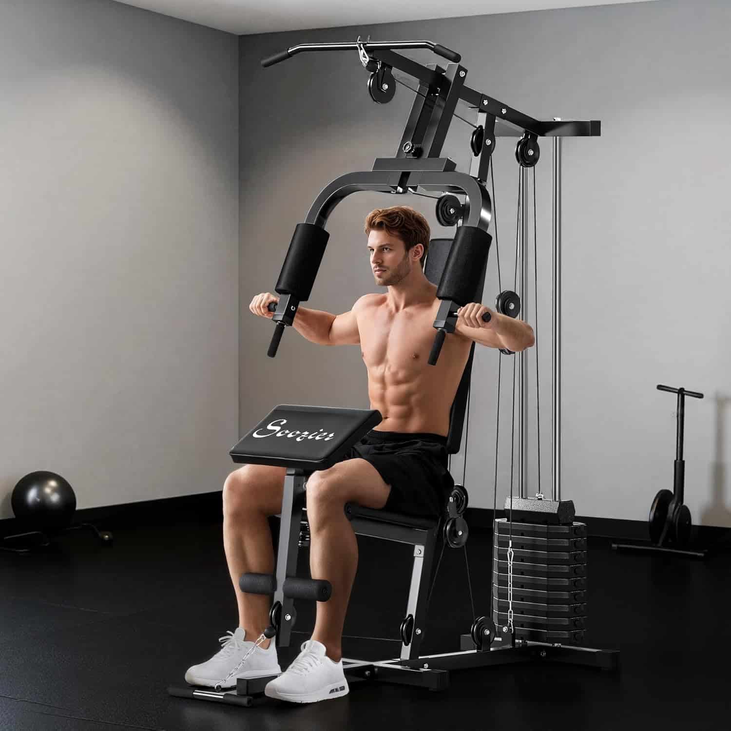 Man exercising on a weight machine in a gym setting