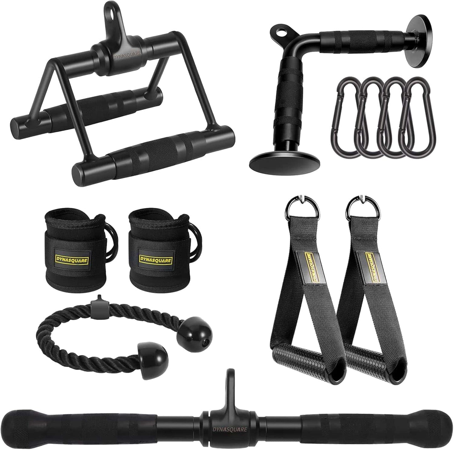 Collection of black fitness equipment including resistance bands and handles on a white background