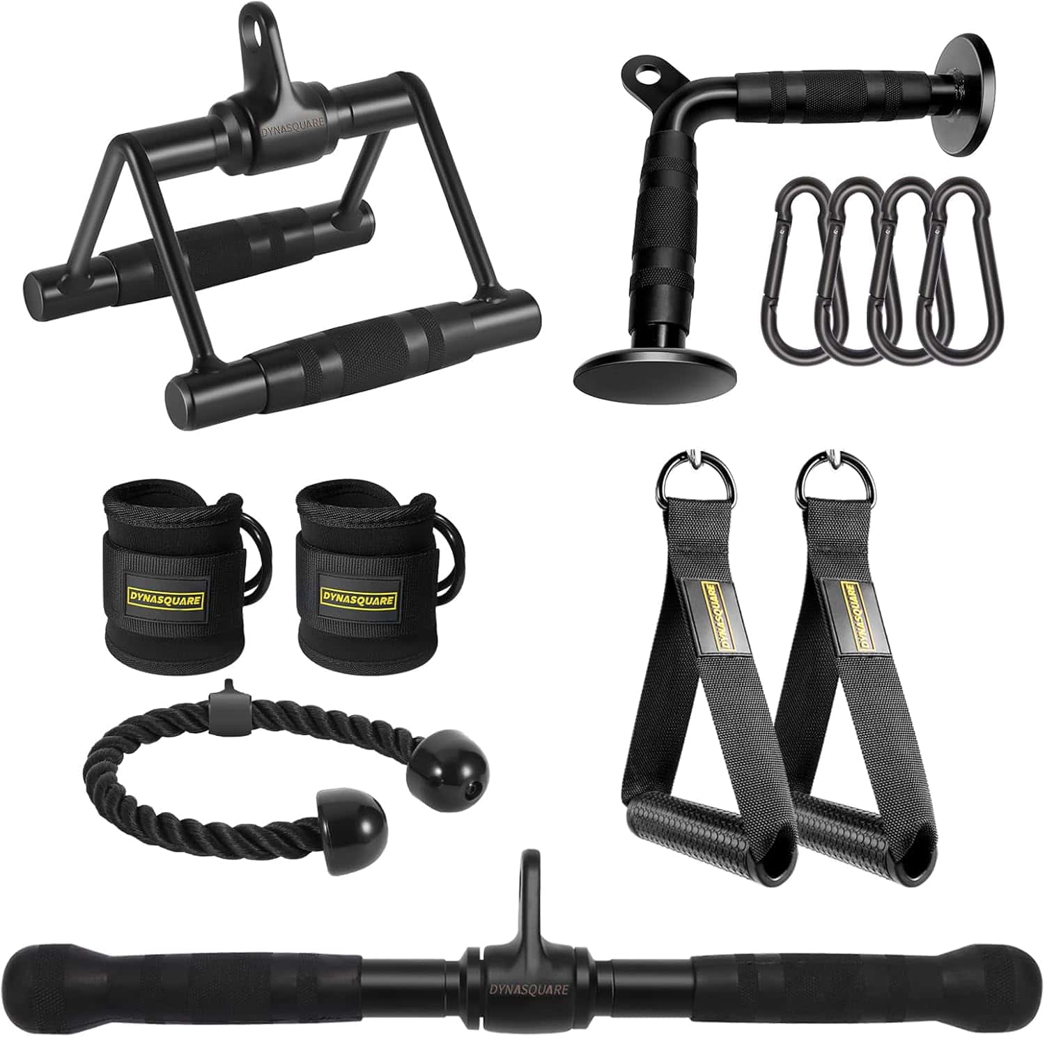 Collection of black fitness equipment including resistance bands and handles on a white background