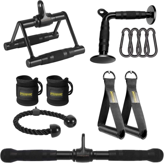 Collection of black fitness equipment including resistance bands and handles on a white background
