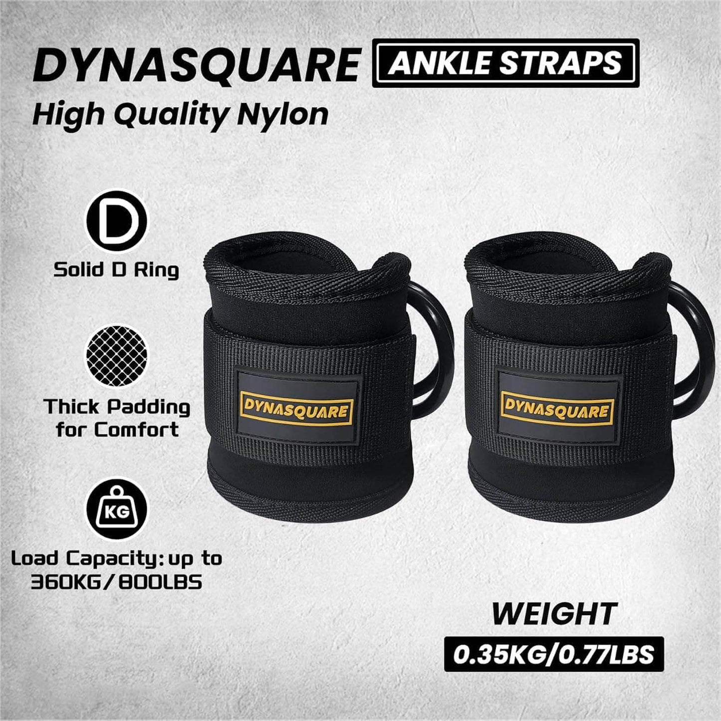 Two black ankle straps with Dynasquare branding on a gray background.