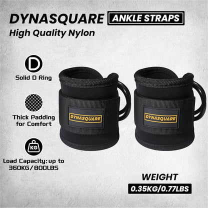 Two black ankle straps with Dynasquare branding on a gray background.