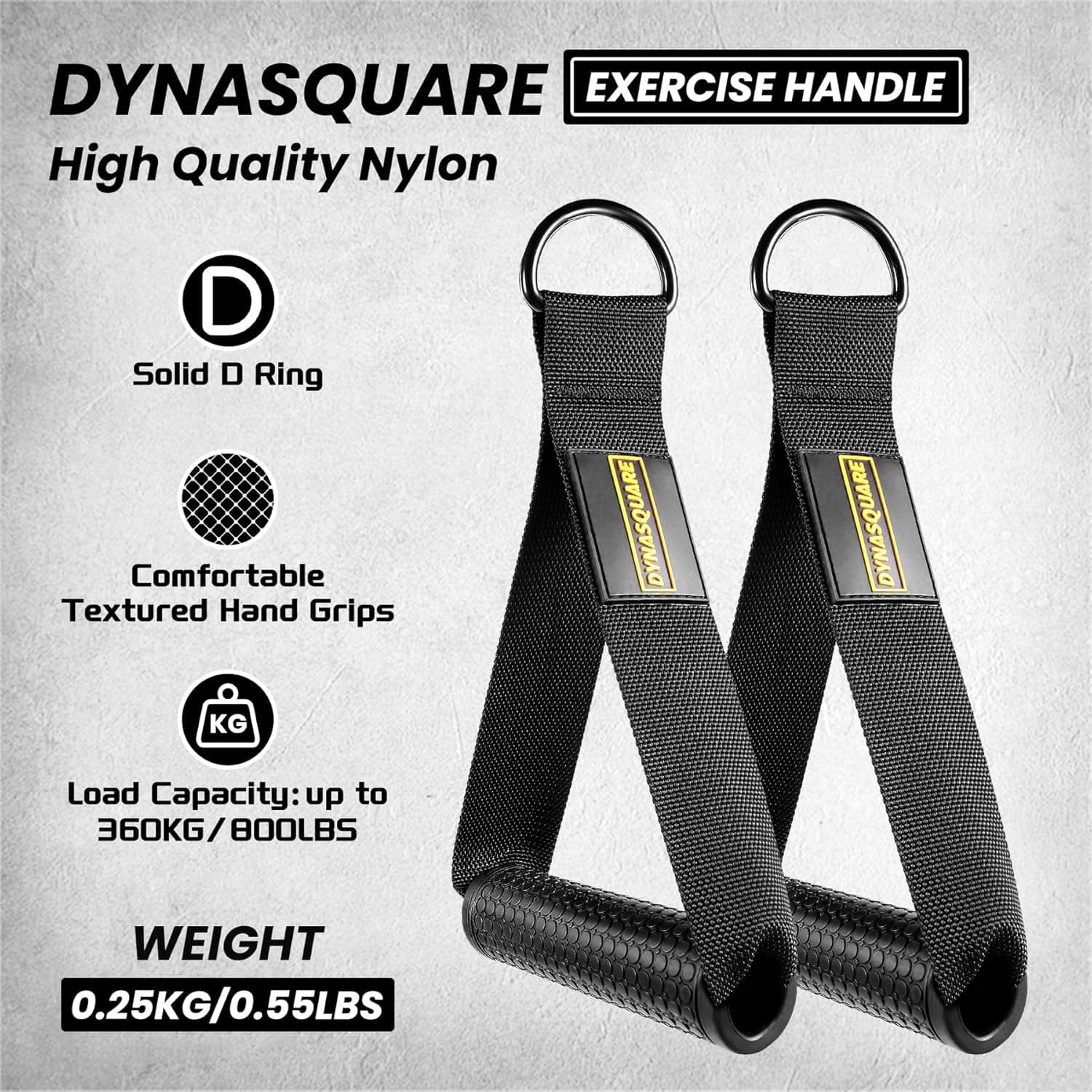 Dynasquare exercise handle with features listed on a gray background