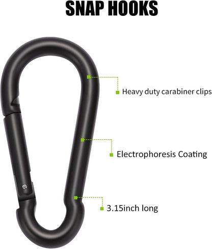 Black snap hook with features labeled on a white background