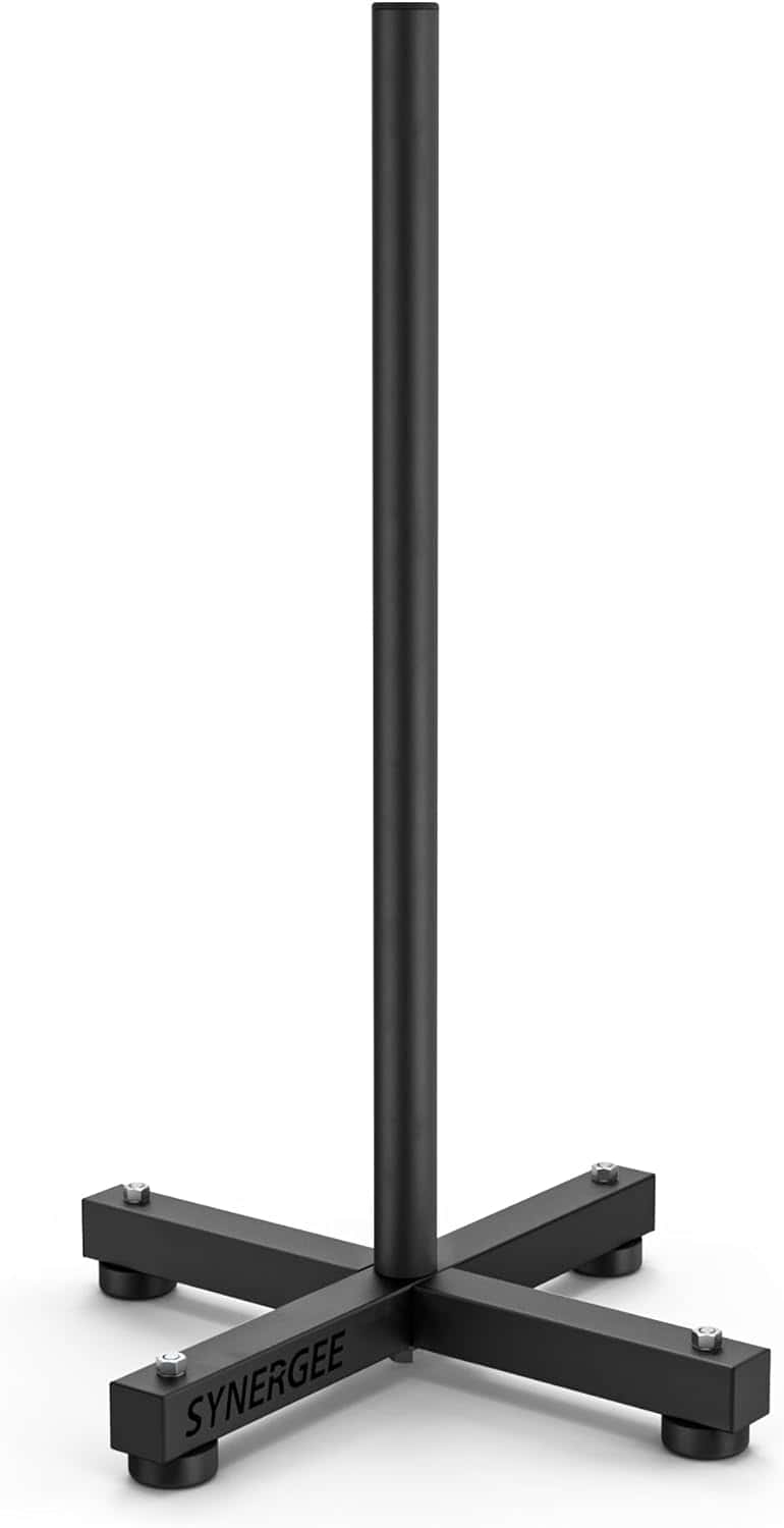 Black metal stand with 'SYNERGEE' branding on a white background