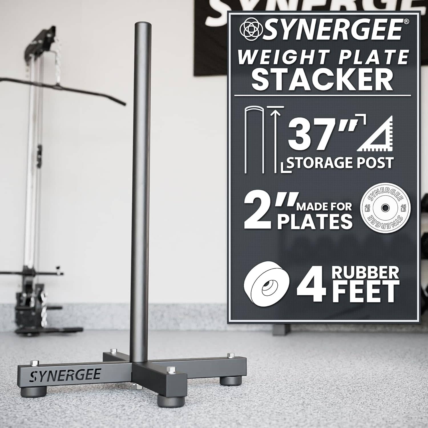 Synergee weight plate stacker with product details on a gym floor.