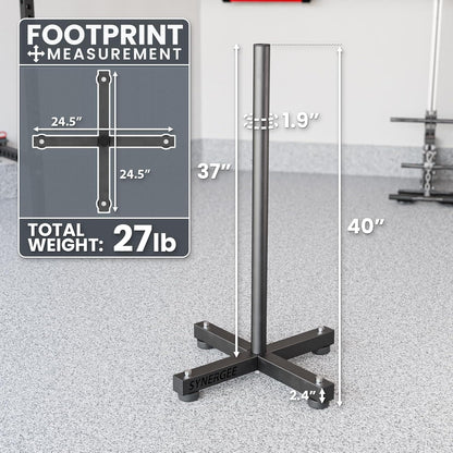 Measurement chart for a fitness equipment stand with dimensions and weight displayed.