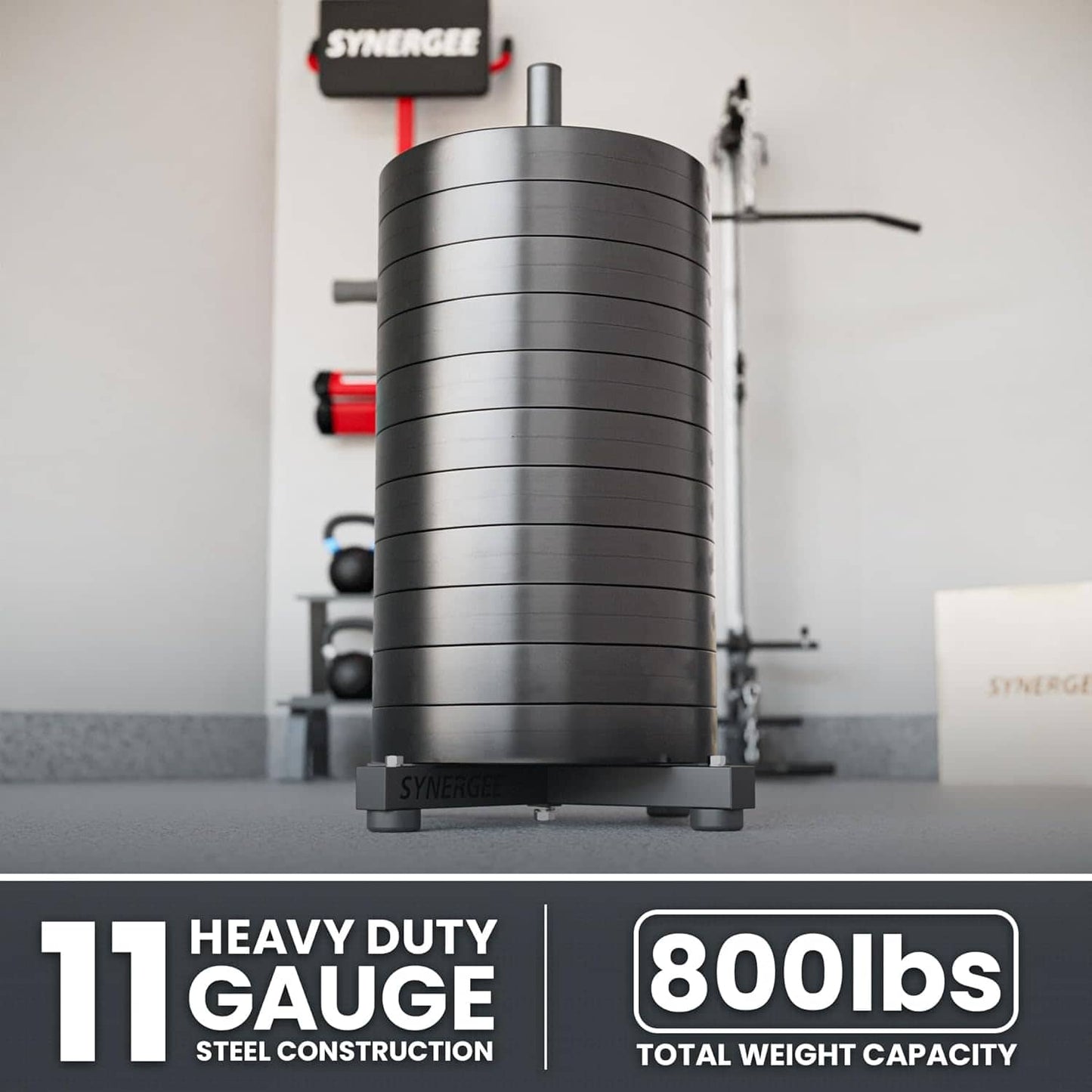 Stack of weight plates with Synergee branding in a gym setting.