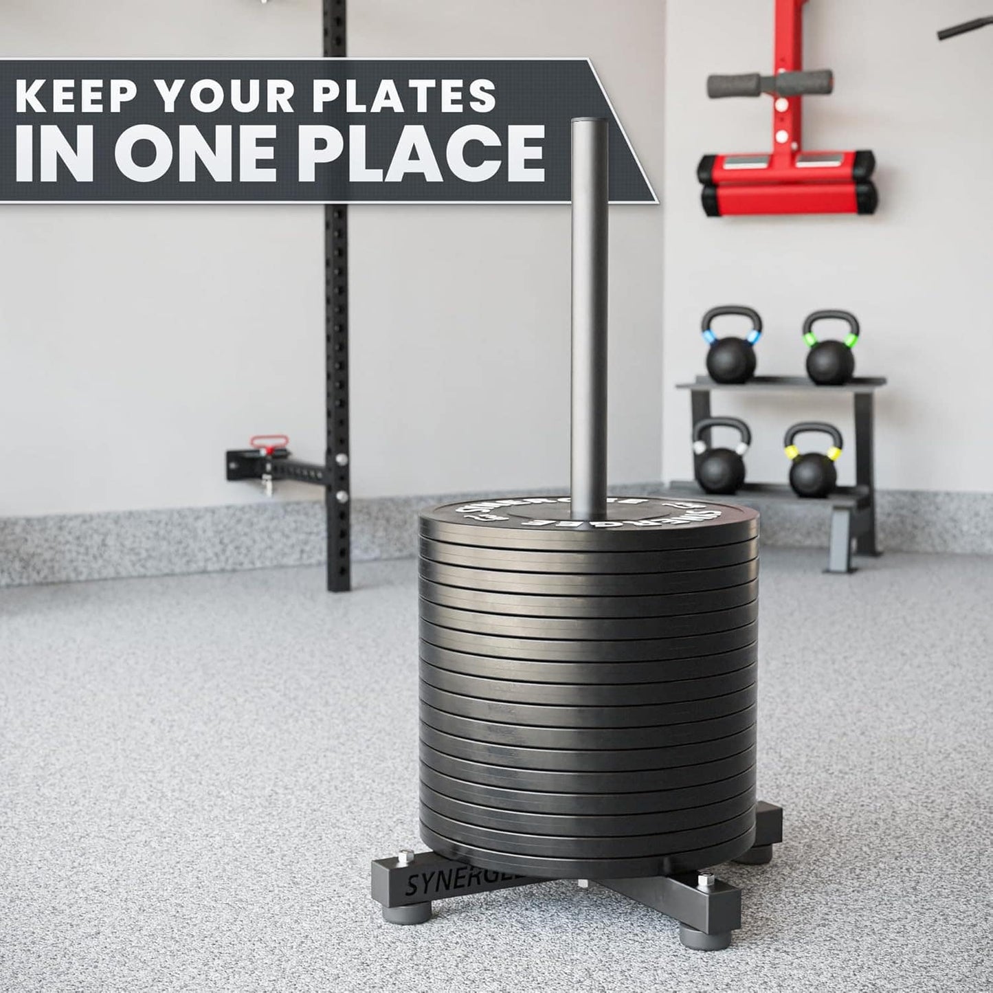 Stacker for weight plates in a gym setting with text 'Keep your plates in one place'.