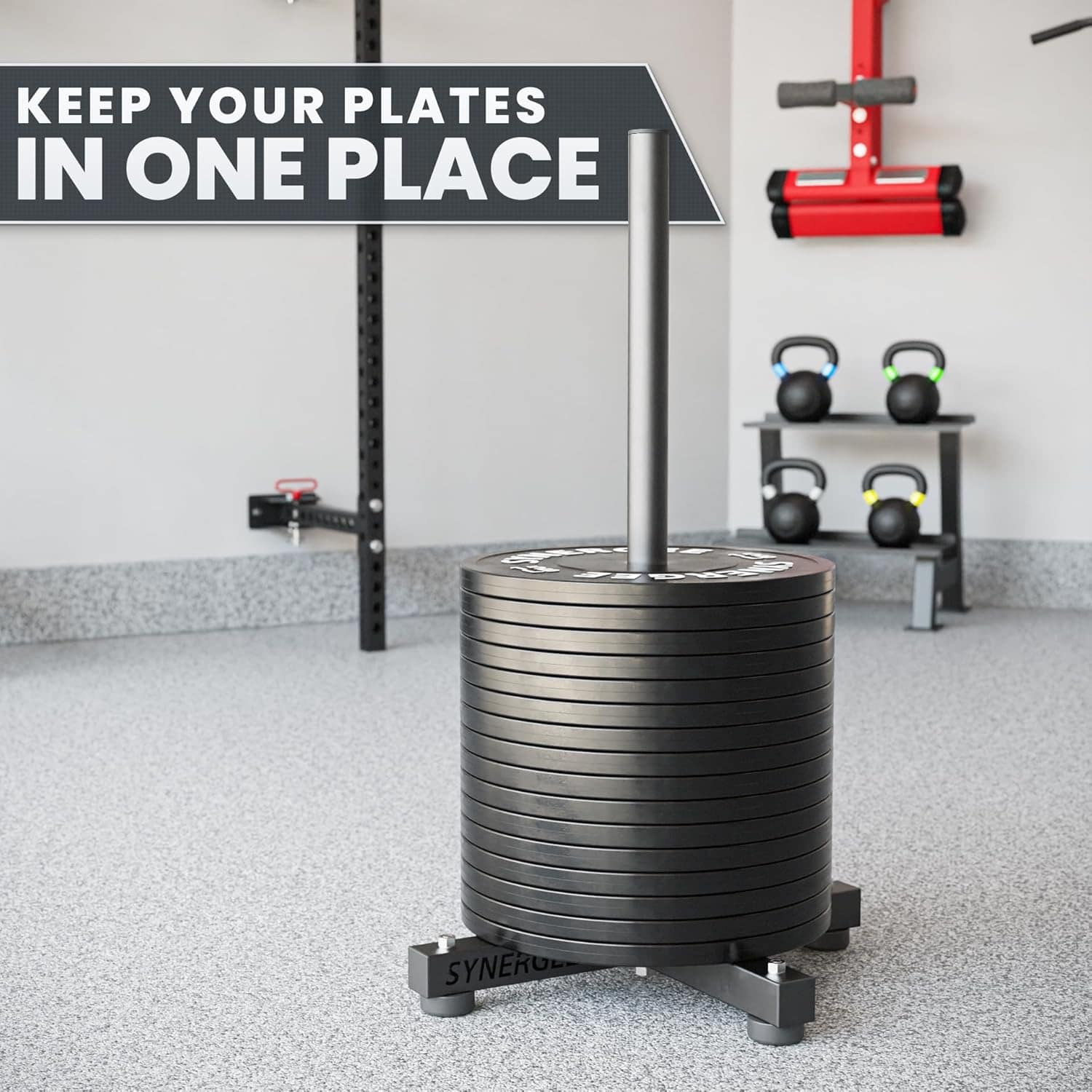 Stacker for weight plates in a gym setting with text 'Keep your plates in one place'.