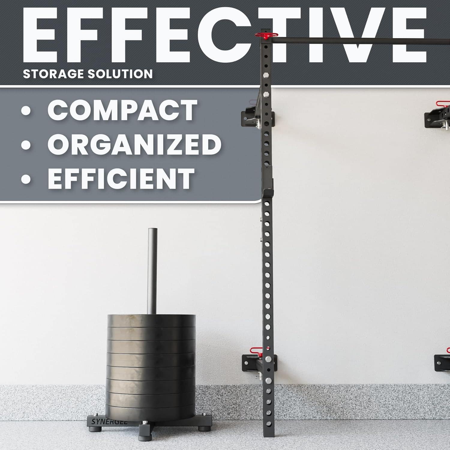Storage solution with a squat rack and weights against a white wall, featuring text on an effective storage solution.