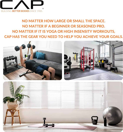 Advertisement for CAP fitness equipment with text and images of a home gym setup.