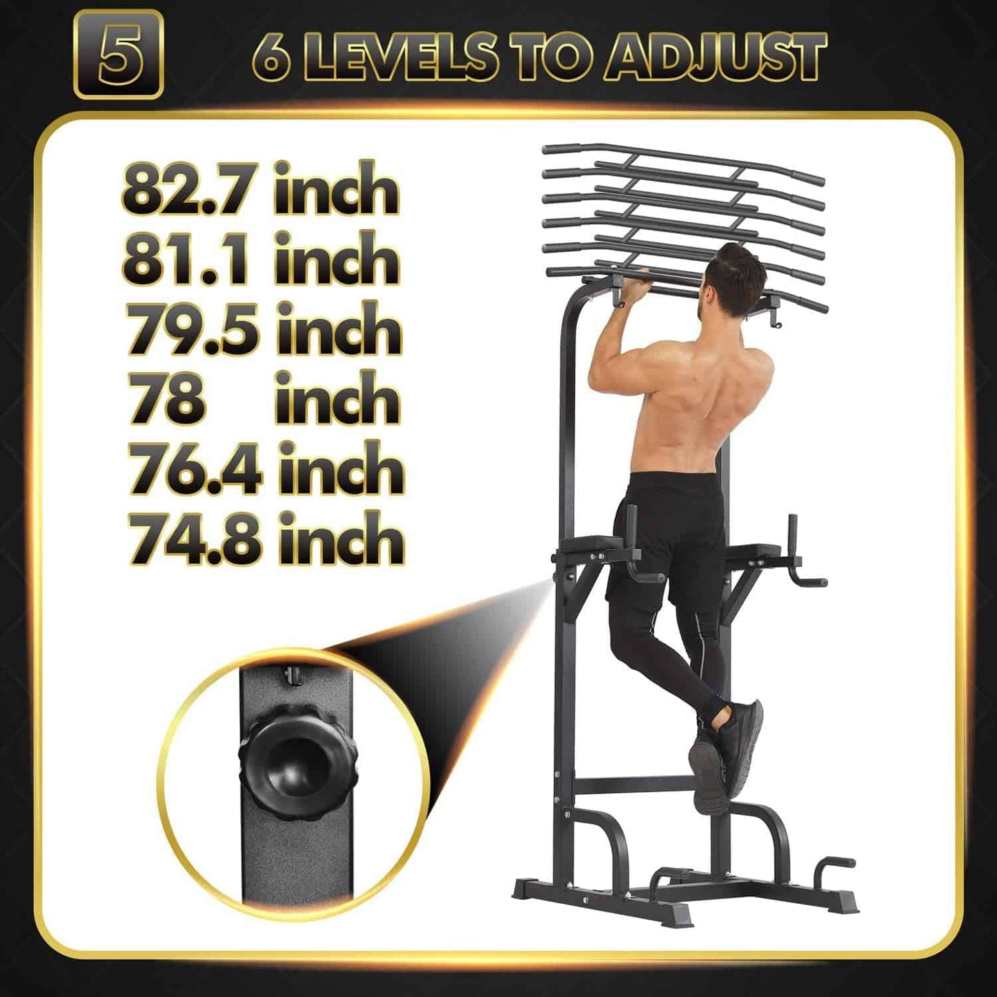 Fitness pull-up bar with adjustable height settings and a person using it.