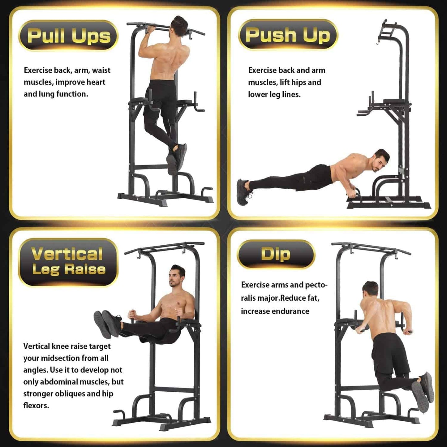 Fitness equipment with exercises demonstrated on a black background