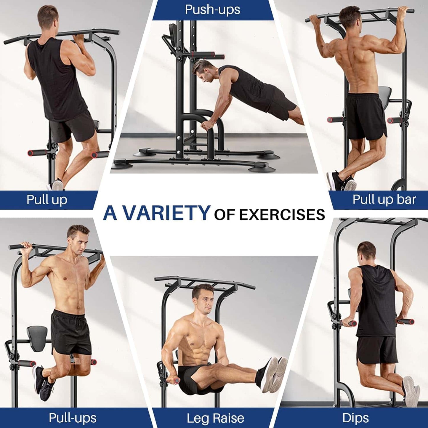 Collage of a man using a pull-up bar and pull-up station performing various exercises.
