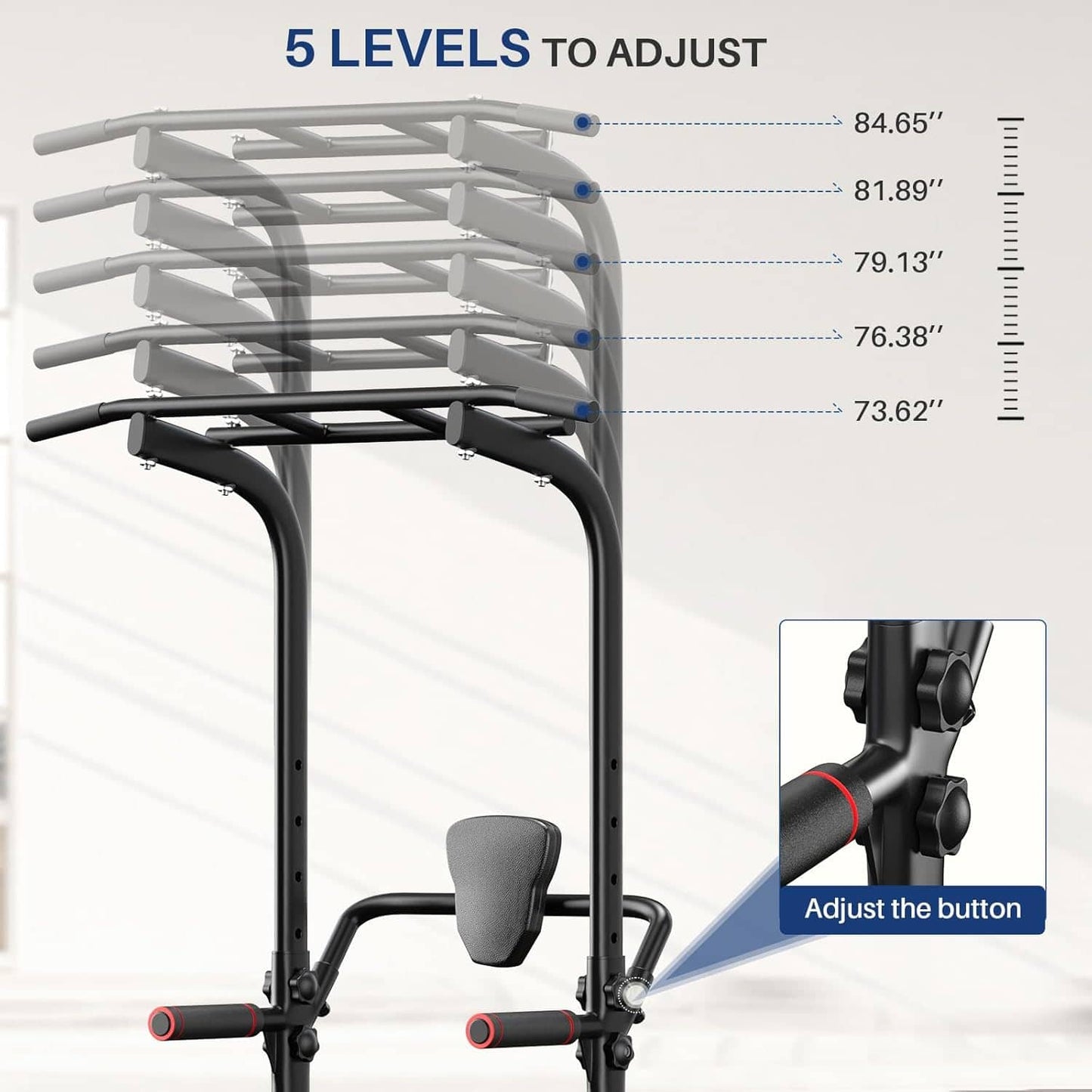 Adjustable pull-up bar with measurement details on a white background